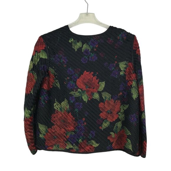 Chicos Design 1 M Silk Woven Jacket Open Front Black Rose Print Long Sleeve - Picture 2 of 7